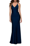 La Femme Fitted Long Jersey Gown With Criss Cross Bodice In Midnight Blue