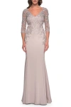 La Femme Fitted Long Satin Dress With Lace Bodice And Sleeves In Champagne