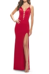 La Femme Fitted Matte Jersey Gown With Unique Deep V Neckline