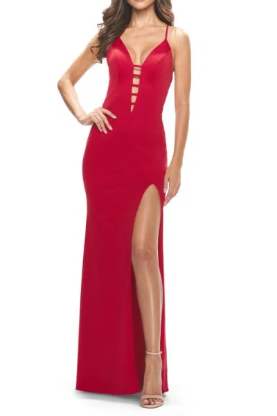 La Femme Fitted Matte Jersey Gown With Unique Deep V Neckline