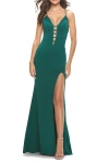 La Femme Fitted Matte Jersey Gown With Unique Deep V Neckline