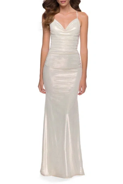 La Femme Fitted Metallic Jersey Gown With Open Criss Cross Strappy Back