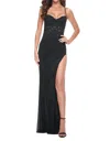 La Femme Fitted Rhinestone Fishnet Prom Dress In Black