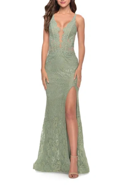 La Femme Fitted Stretch Lace Gown With Deep V And Beading In Sage