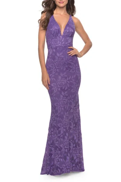 La Femme Fitted Stretch Lace Prom Dress With Banded Waist
