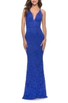 La Femme Fitted Stretch Lace Prom Dress With Banded Waist