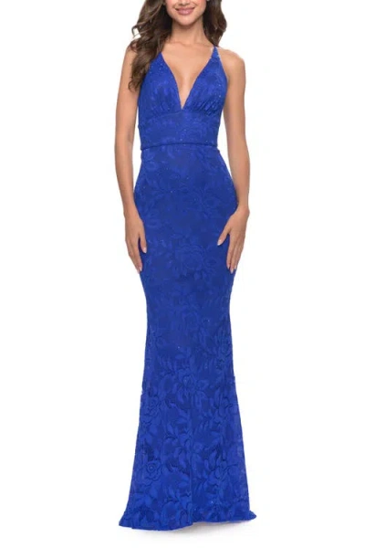 La Femme Fitted Stretch Lace Prom Dress With Banded Waist