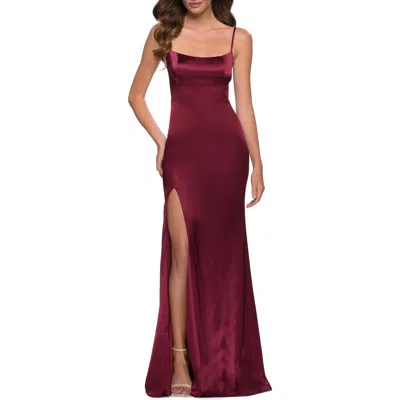 La Femme Fitted Stretch Satin Dress With Scoop Back In Burgundy