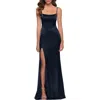 La Femme Fitted Stretch Satin Dress With Scoop Back In Navy