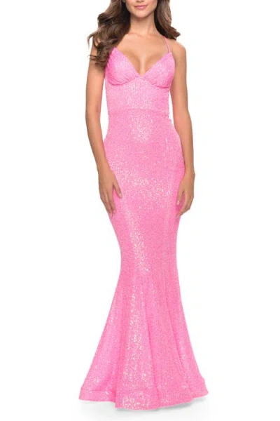 La Femme Fitted Stretch Sequin Dress With Open Back And Defined Cups In Pink