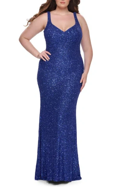 La Femme Fitted Stretch Sequin Plus Size Dress With V-neck In Blue