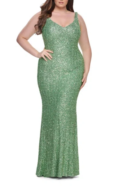 La Femme Fitted Stretch Sequin Plus Size Dress With V-neck In Green