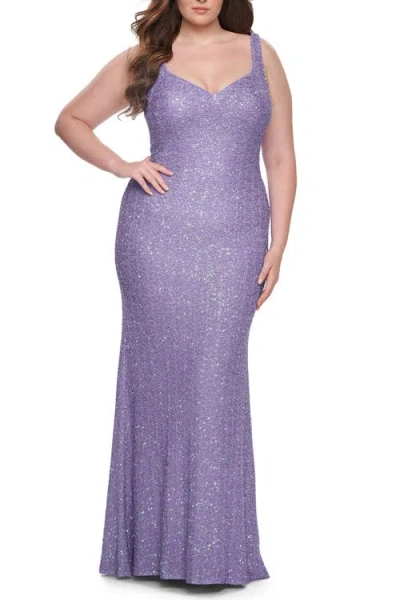 La Femme Fitted Stretch Sequin Plus Size Dress With V-neck In Purple