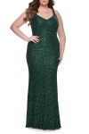 La Femme Fitted Stretch Sequin Plus Size Dress With V-neck In Green