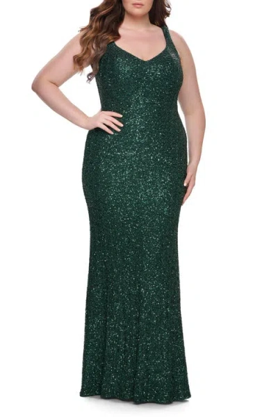 La Femme Fitted Stretch Sequin Plus Size Dress With V-neck In Green