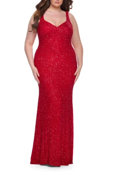 La Femme Fitted Stretch Sequin Plus Size Dress With V-neck In Red