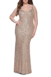 La Femme Fitted Stretch Sequin Plus Size Dress With V-neck In Gold