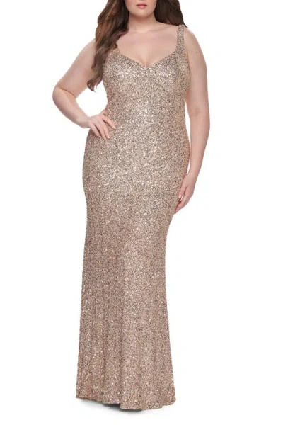 La Femme Fitted Stretch Sequin Plus Size Dress With V-neck In Gold