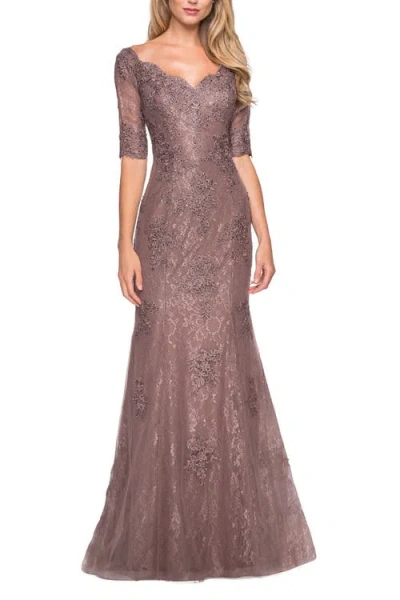La Femme Floor Length Lace Dress With Rhinestone Accents In Cocoa