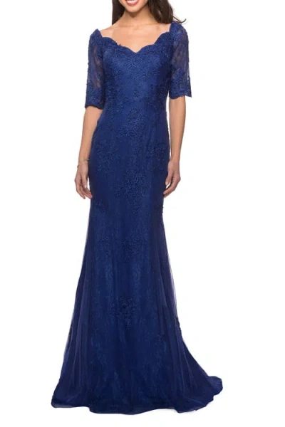 La Femme Floor Length Lace Dress With Rhinestone Accents In Marine Blue