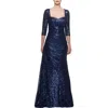 La Femme Floor Length Sequin Gown With Ruching And Sleeves In Navy