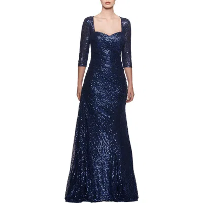 La Femme Floor Length Sequin Gown With Ruching And Sleeves In Navy