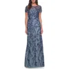 La Femme Floral Beaded Evening Dress With Sheer Cap Sleeves In Slate