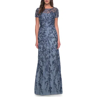 La Femme Floral Beaded Evening Dress With Sheer Cap Sleeves In Slate