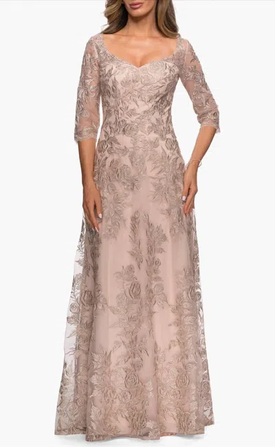 La Femme Floral Embroidered Mesh A-line Gown In Champagne In Pink