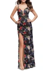 La Femme Floral Print Prom Gown With Plunging Neckline And Leg Slit In Multi