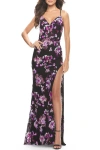 La Femme Floral Print Sequin Lace Dress With High Slit In Black