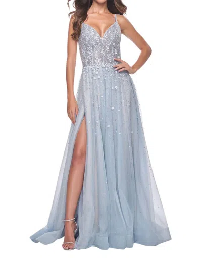 La Femme Floral Rhinestone Prom Dress In Light Blue In Gray