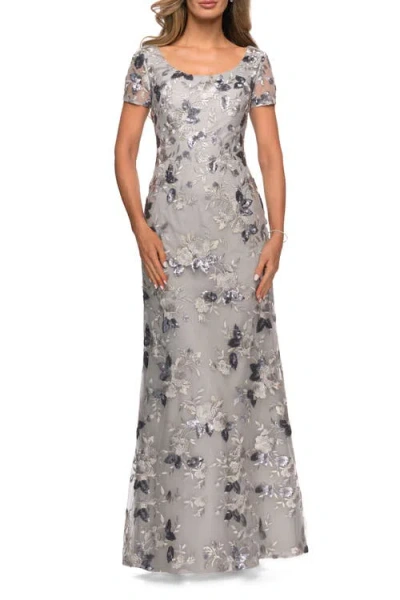 La Femme Floral Short Sleeve Formal Dress With Scoop Neck In Silver