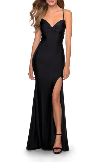 La Femme Form Fitting Dress With Ruched Bow Bodice In Black