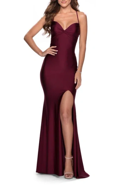 La Femme Form Fitting Dress With Ruched Bow Bodice In Dark Berry