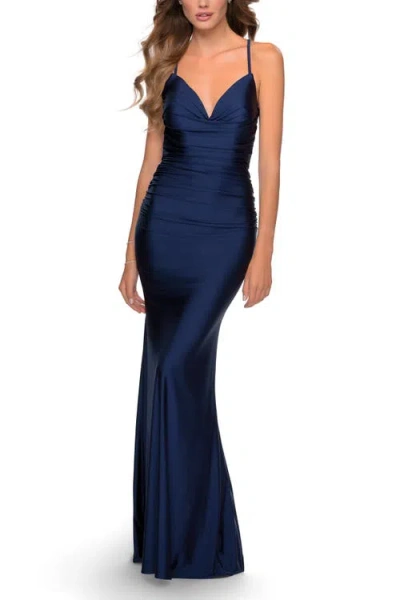 La Femme Form Fitting Jersey Dress With Ruching And Strappy Back In Blue