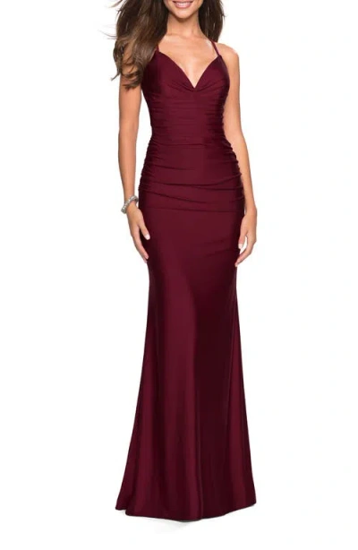 La Femme Form Fitting Jersey Dress With Ruching And Strappy Back In Burgundy