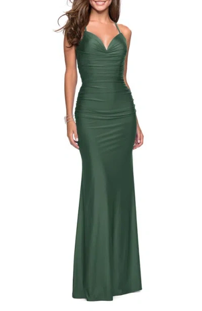 La Femme Form Fitting Jersey Dress With Ruching And Strappy Back In Green