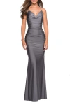 La Femme Form Fitting Jersey Dress With Ruching And Strappy Back In Gunmetal
