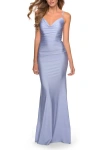 La Femme Form Fitting Jersey Dress With Ruching And Strappy Back In Light Periwinkle