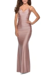 La Femme Form Fitting Jersey Dress With Ruching And Strappy Back In Mauve
