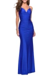 La Femme Form Fitting Jersey Dress With Ruching And Strappy Back In Sapphire Blue