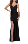 La Femme Form Fitting Jersey Prom Dress With Draped Neckline In Black