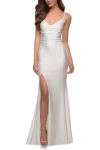 La Femme Form Fitting Jersey Prom Dress With Draped Neckline