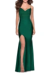 La Femme Form Fitting Jersey Prom Dress With Draped Neckline