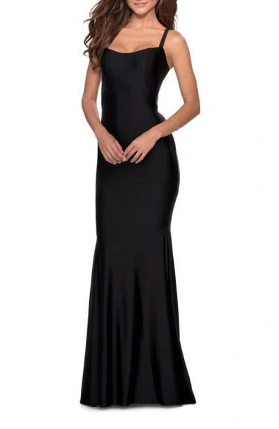 La Femme Form Fitting Prom Dress With Dramatic Lace Up Back In Black