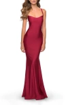 La Femme Form Fitting Prom Dress With Dramatic Lace Up Back In Burgundy
