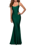 La Femme Form Fitting Prom Dress With Dramatic Lace Up Back In Emerald