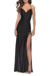La Femme Fringe Beaded Slit Jersey Gown With Lace Up Back In Black