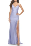 La Femme Fringe Beaded Slit Jersey Gown With Lace Up Back In Light Periwinkle
